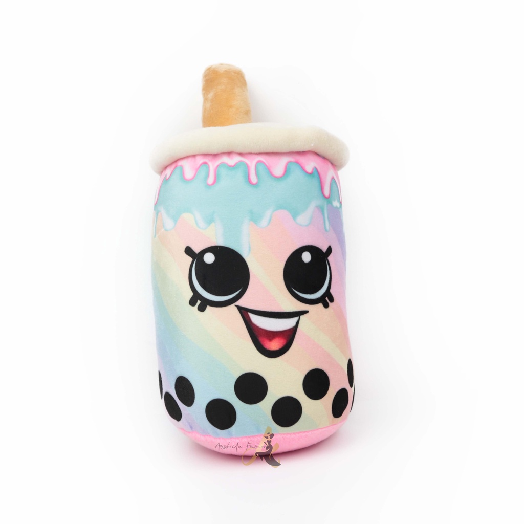 Boneka Boba Cangkir Milk Tea Bahan Felboa Tinggi 43cm Berlabel SNI Sablon Rainbow