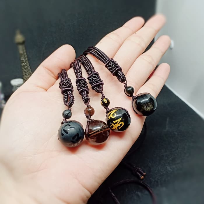 Kalung black obsidian Tiger eye, lucky Crystal stone, tali peracord - Black