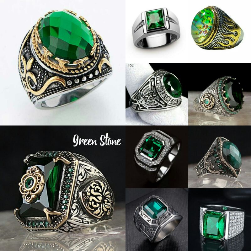 Cincin pria tengkorak punk style men ring skull green stone series