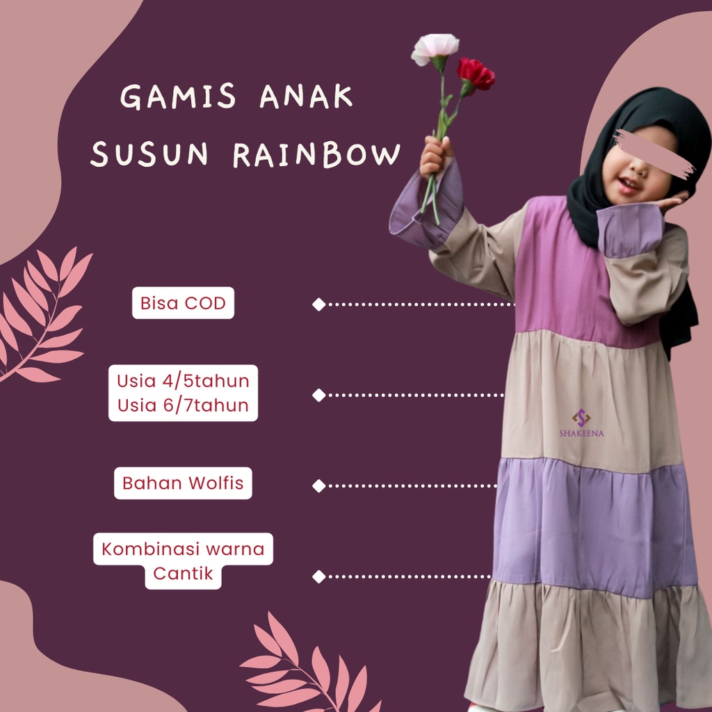 Baju muslim gamis anak perempuan model susun rainbow kids