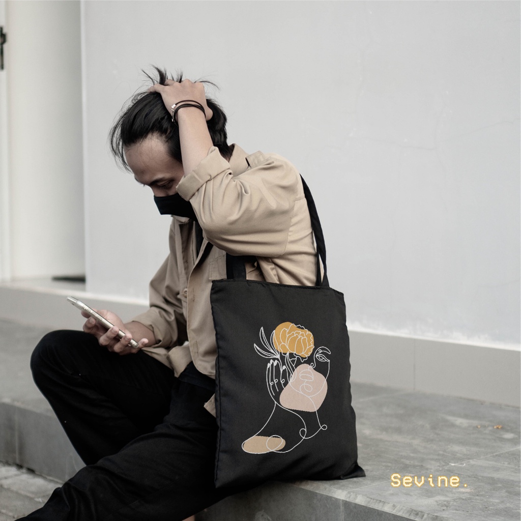Sevine Tote Bag Resleting Tas Wanita Totebag Motif Face Line Art modern Black Series  - WGF3
