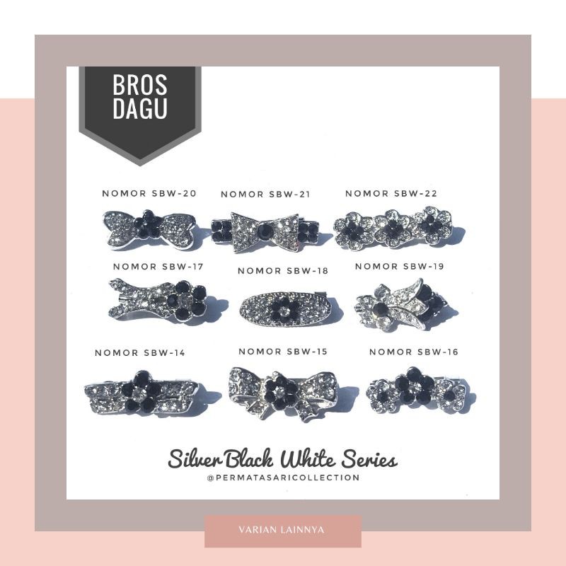 Bros Dagu Korea Kecil Aksesoris Jilbab Hijab Kerudung Wanita Muslim Muslimah Silver Black White Hitam Putih Small Brooch Pin Peniti Motif Bunga Pita Mutiara 1