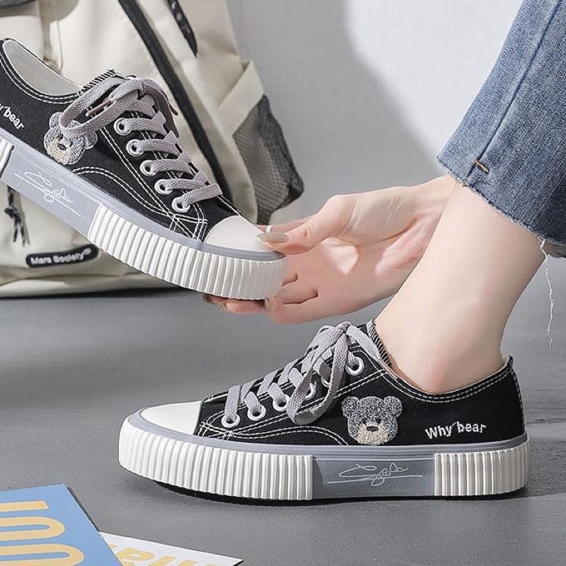 (NEW) Sepatu Sneakers Canvas Wanita Import Korea Why Bear Black Grey / Sepatu Korean Style Free Box