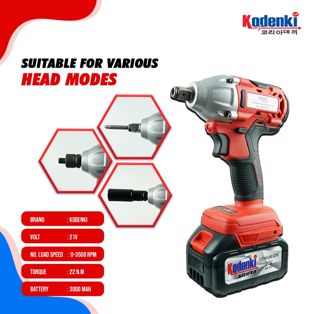 KODENKI CIW101 Mesin Impact Wrench Cordless Brushless Baterai Charger