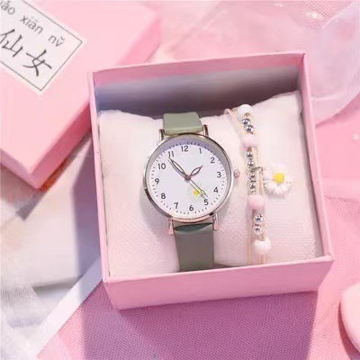 Jam Tangan Wanita Quartz Analog Fashion Gaya Korea Motif Bunga Daisy Import-41-9 Hijau Tua