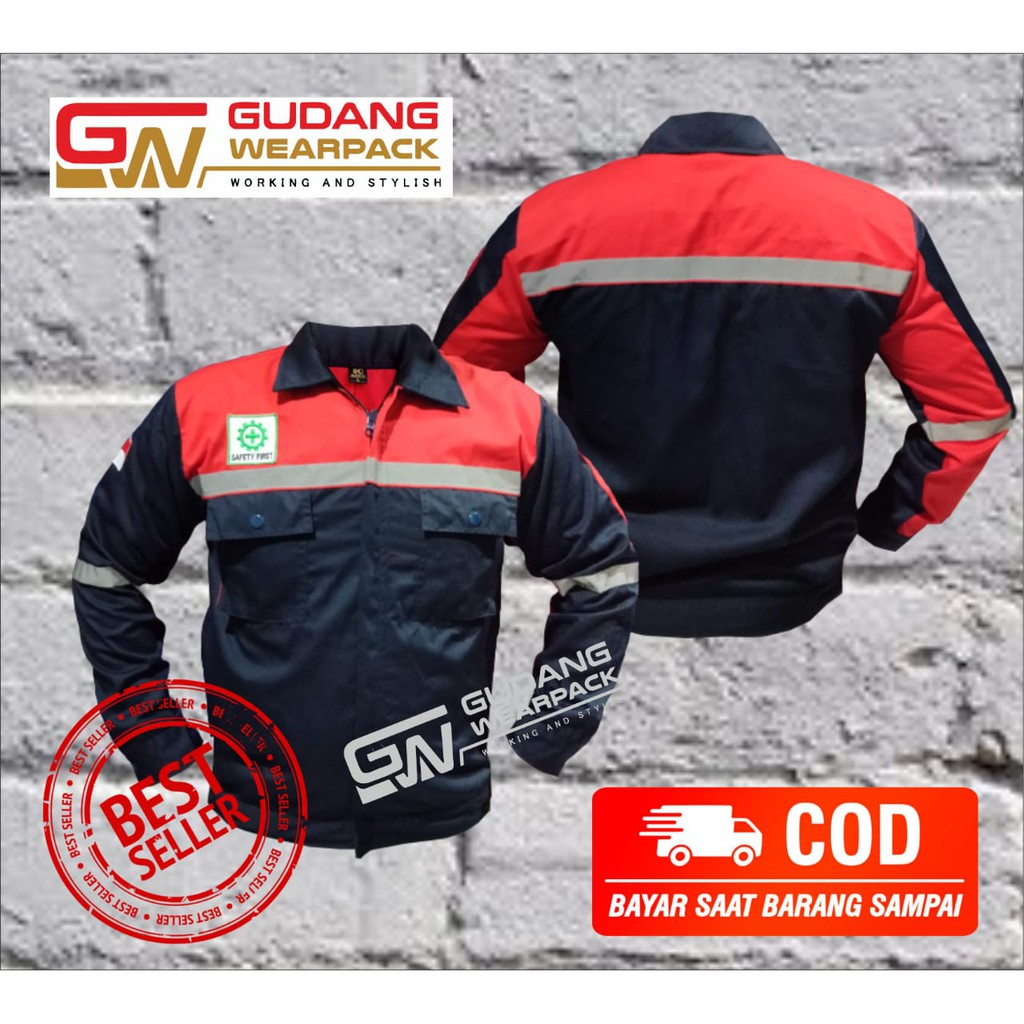 Star Wearpack - Baju Proyek Warna Hitam Kombinasi Merah Lengan Panjang