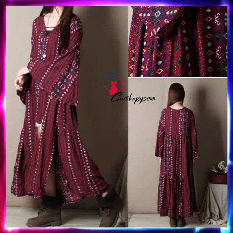 dress lengan panjang retro dress lengan panjang v neck / dress bohemia - Navy WANITA