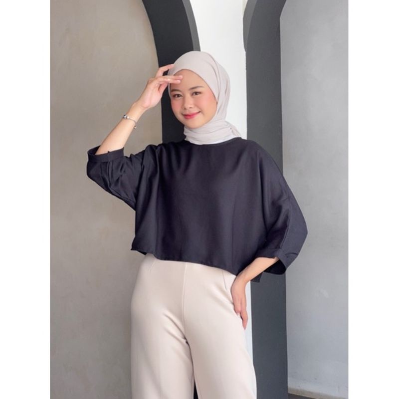 Stacy Crop Blouse Wanita Crinkle Basic Lengan Panjang / Stacy Croptop