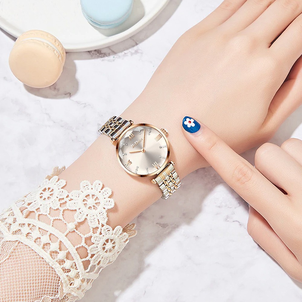 BIDEN Jam Tangan Wanita Mode Santai Tali Stainless Steel Display Kuarsa Tahan Air Jam Tangan Cewek-6