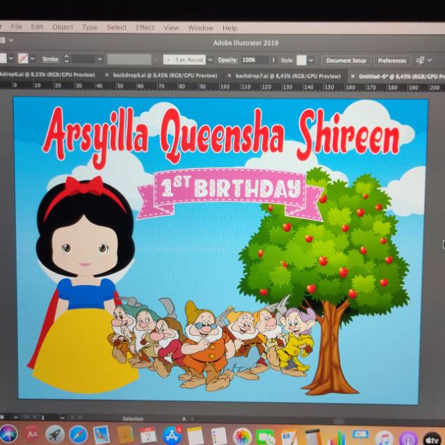 Backdrop ulang tahun Lucu custom tema snow white/putri salju cute