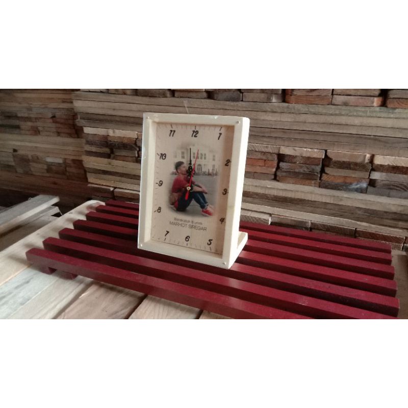 Jam Meja Duduk Custom Foto kayu jati belanda tutup akrilik