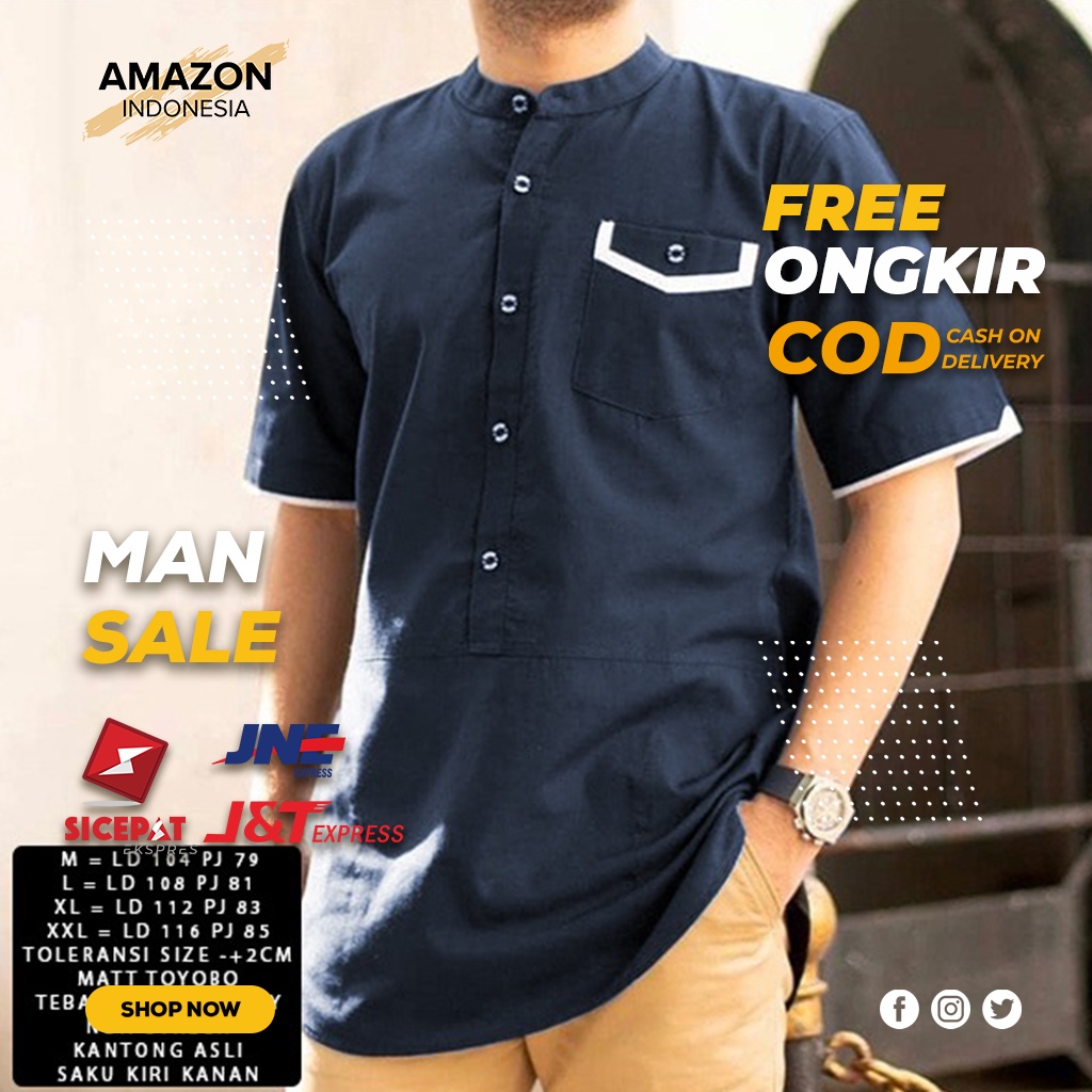 BAJU KOKO MUSLIM LENGAN PENDEK PAKAIAN MUSLIM PRIA WARNA NAVY POLOS BAHAN KAIN KATUN TOYOBO ORIGINAL