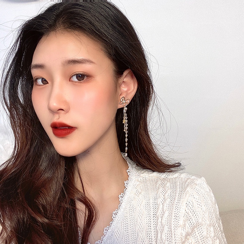 Bowknot crystal long tassel dangle earrings Korean temperament net red personality earrings for women