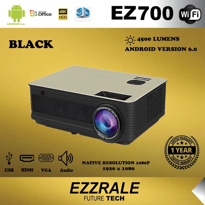 EZZRALE 3D LED EZ700 Proyektor 4500 Lumens (Upgrade) Android 5G WIFI - Hitam
