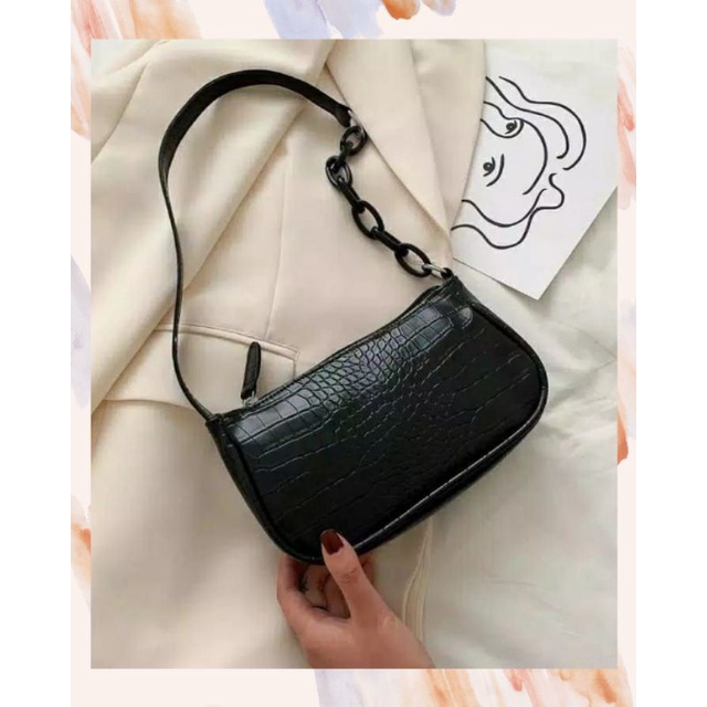 NEW- Tas selempang baguette / Tas croco rantai plastik / Tas selempang wanita /Tas tali rantai