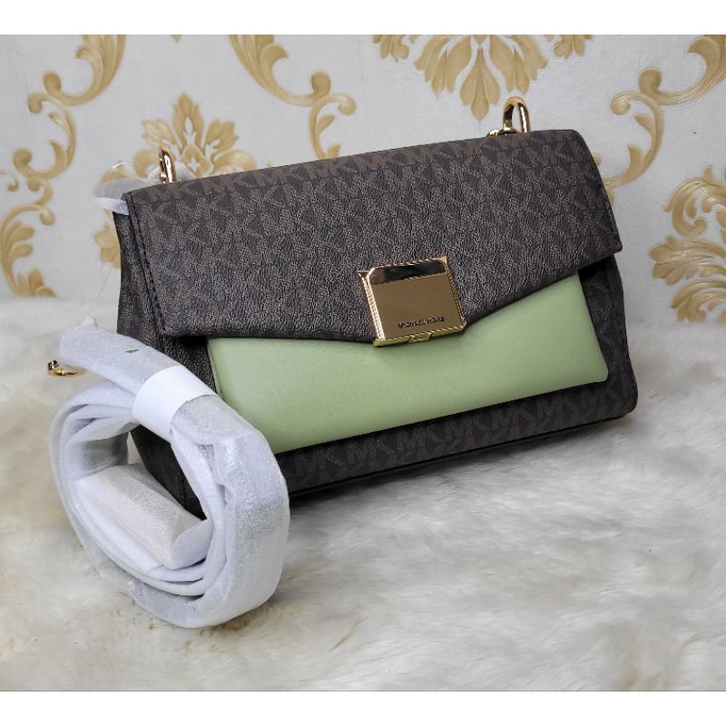 MK Lita Med Shoulder Sign Brown Sage Crossbody