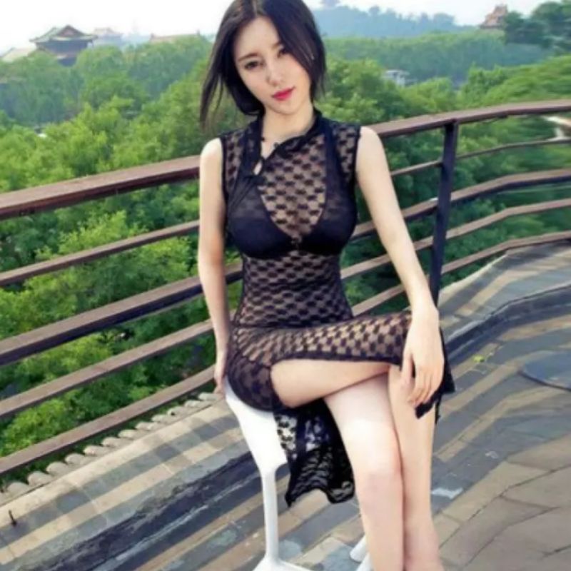 Cheongsam Qipao Sexy Dress Panjang Cosplay Lingerie Kostum Transparan Hitam