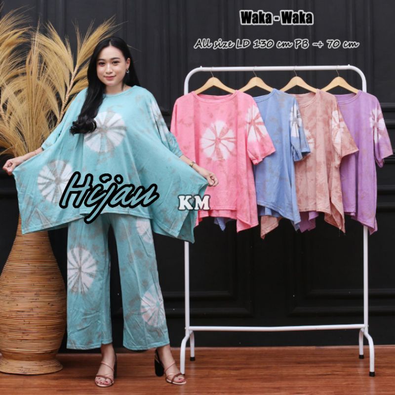 One Set Kaos Jumbo Model Waka Motif Tiedye Setelan Wanita Celana Panjang Kekinian