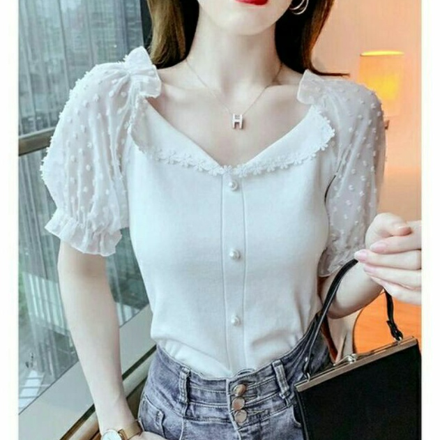 85008 Baju atasan blouse rajut wanita import baju atasan blouse rajut cewek import korea hitam putih