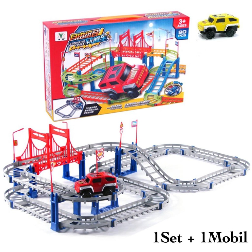 [ Funny ] 90Pcs Mainan Anak Edukasi Track Mobil / Mainan Jalur Kereta Api Bisa Bongkar Pasang-Abu 1set + 1mobil