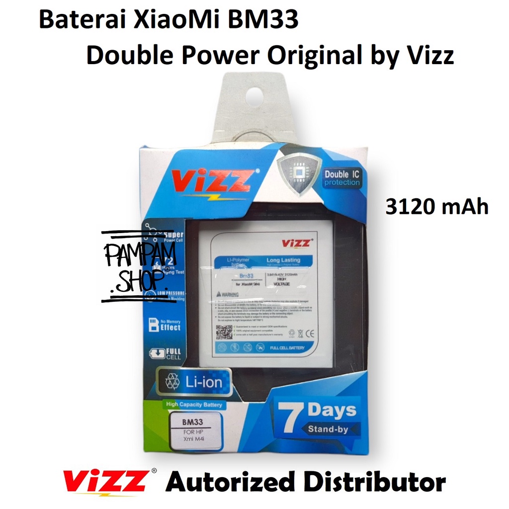 Baterai Vizz Double Power Original XiaoMi BM33 Mi4i Mi4 i Batre Batrai HP Xiao Mi 4i BM 33