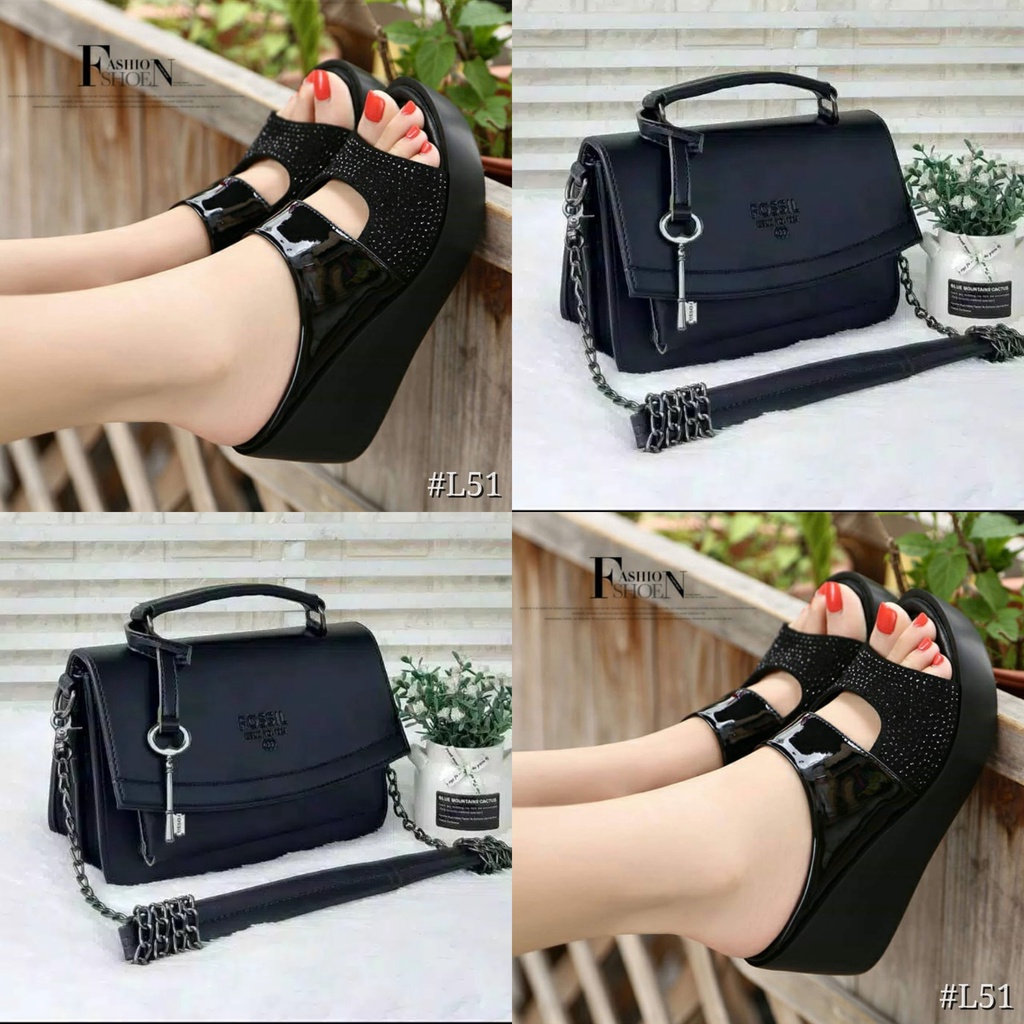 paket wedges gliter dan tas wanita selempaang 099