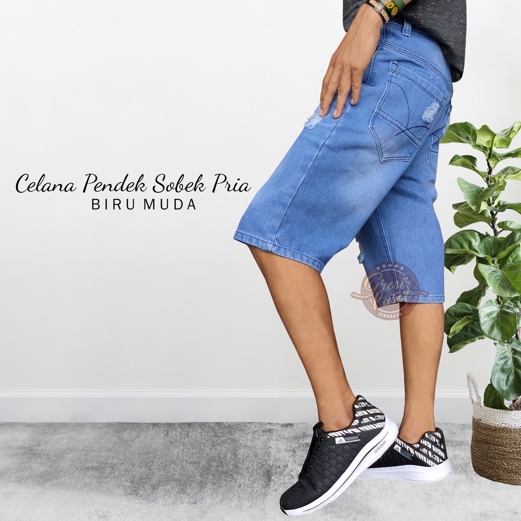 Celana Pendek Jeans Model Sobek Ripped Pria 27 - 38