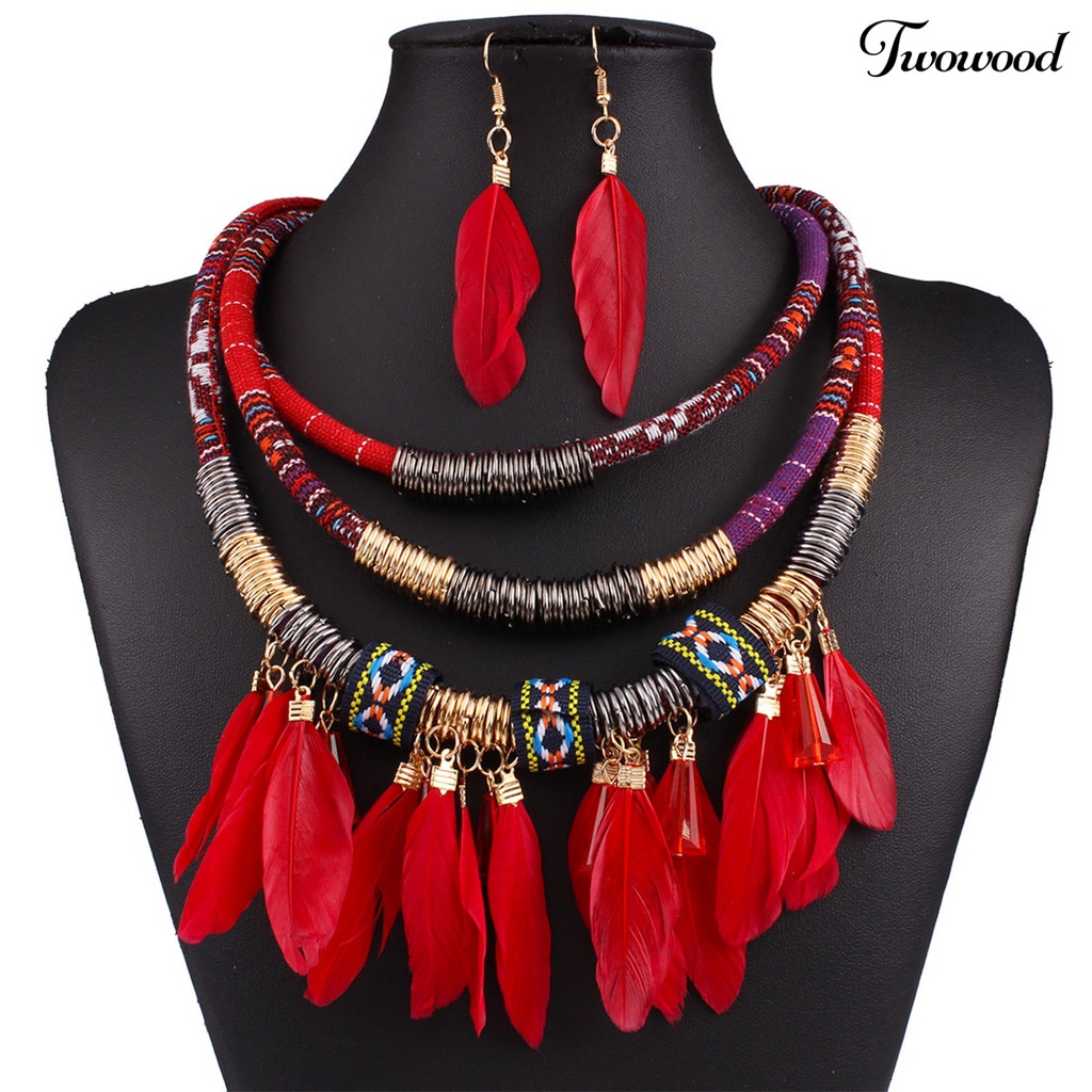 2pcs / Set Kalung Anting Rumbai Bulu Multilayer Bahan Alloy Gaya Bohemian Etnik Untuk Aksesoris Perhiasan