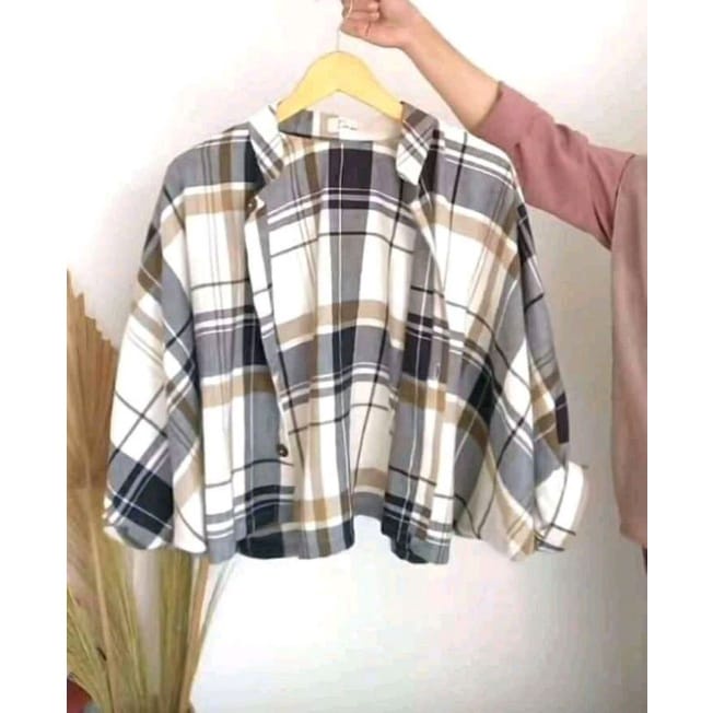 KEMEJA TAMARA BATWING FLANEL OUTER || KEMEJA KOTAK WANITA OVERSIZE || ATASAN TARTAN CROP LENGAN BALO