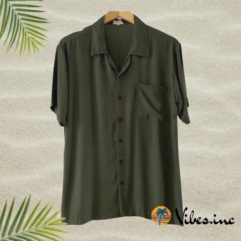 Kemeja Hawai Pantai Tropical Harian Casual Pria Wanita Big Size Jumbo Polos Hijau Army