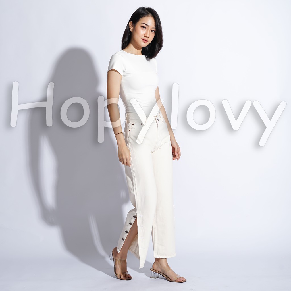 HOPYLOVY - Celana Boyfriend Jeans Model Kulot Kancing Samping Cream Arabela