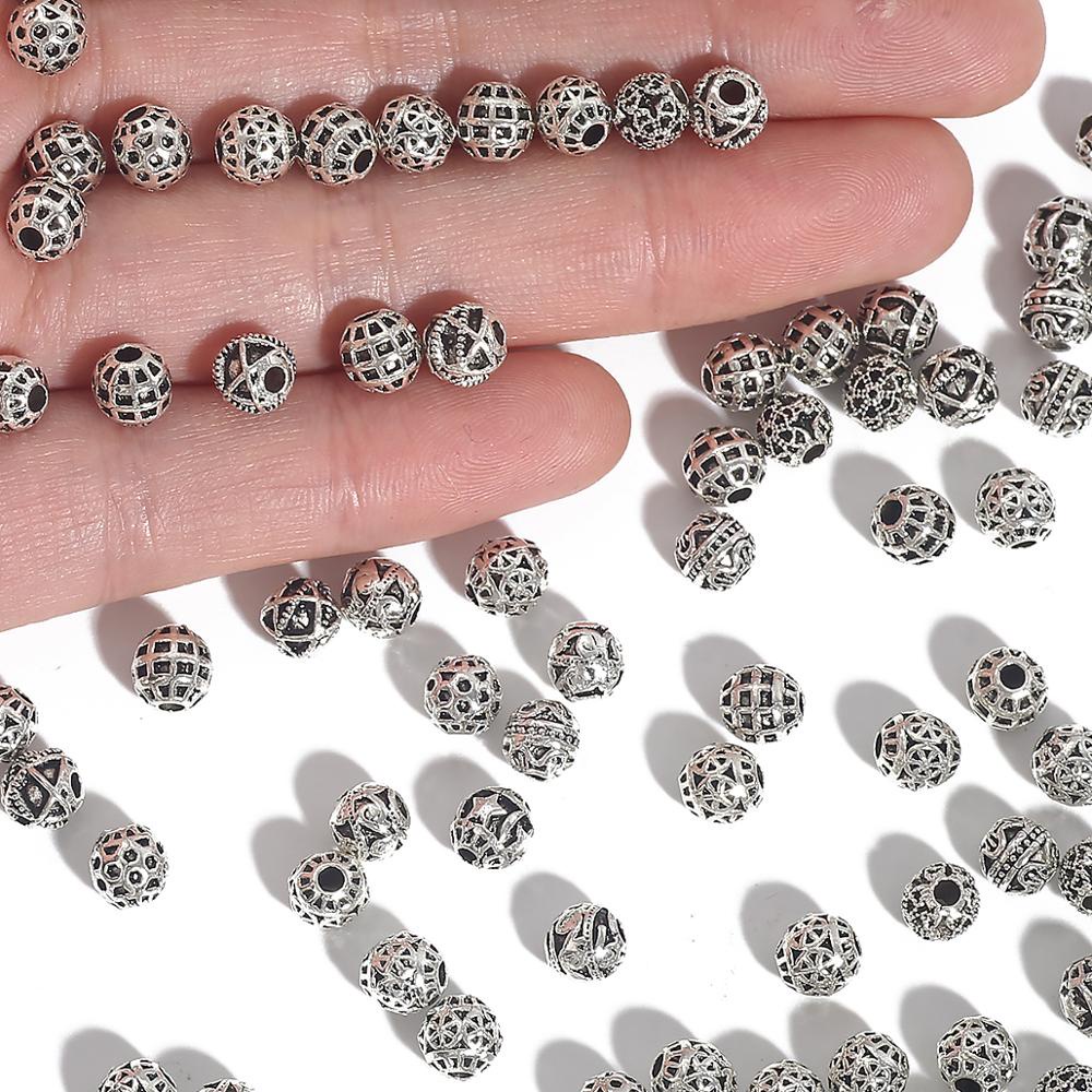 20 pcs/Pack 6 MM Antique Perak Disepuh Berongga Beads untuk Membuat Perhiasan Gelang Perhiasan Aksesoris Kerajinan Buatan Tangan DIY