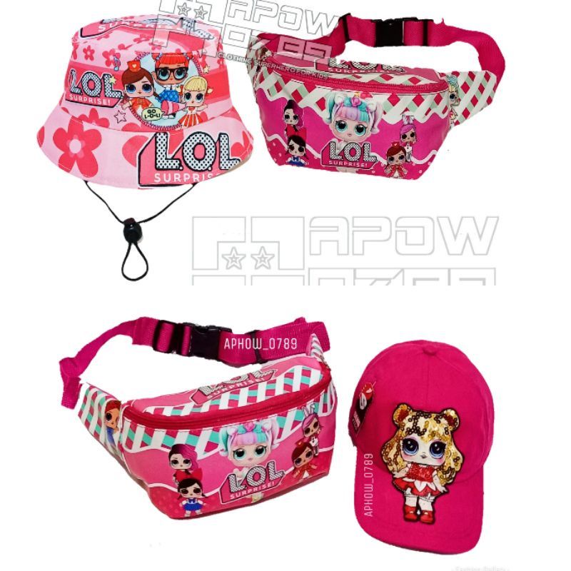 2in1 LOL tas slempang anak perempuan dan topi bucket topi LED bisa nyala waistbag anak perempuan