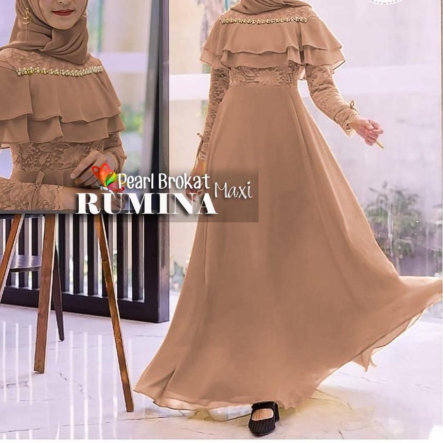 ➧ GAMIS DRESS MUSLIM RUMINA BRUKAT PEARL | MAXI DRESS MURAH MOSCREPE BROKAT AKSEN MUTIARA MEWAH ♘