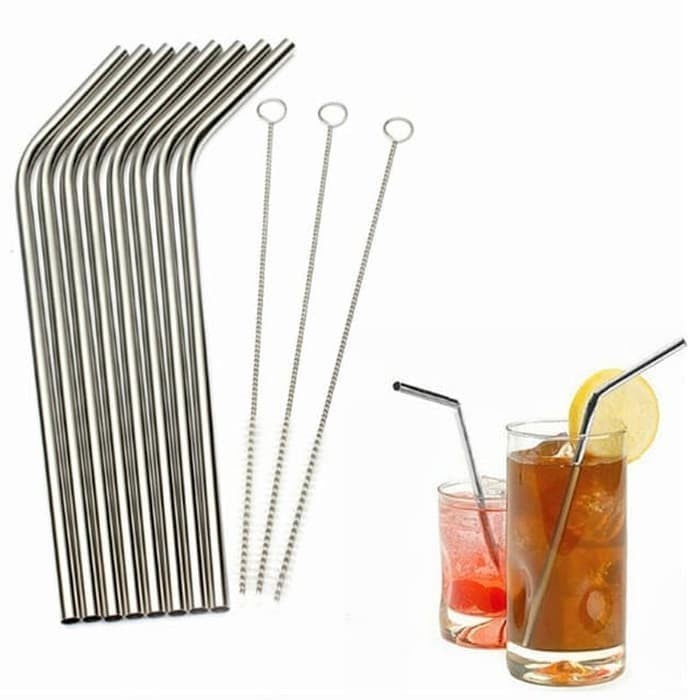 STAINLESS STRAW BENGKOK LURUS SEDOTAN LENGKUNG SIKAT SEDOTAN ANTIKARAT