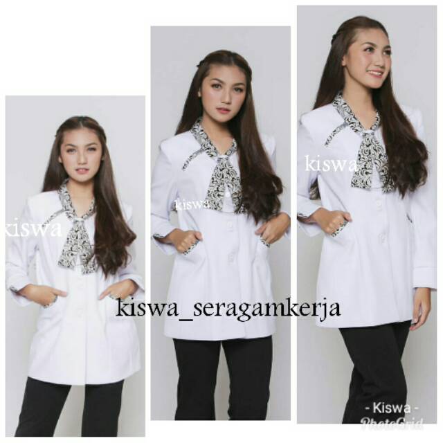 seragam kerja wanita. Blazer putih batik stelan celana/rok.