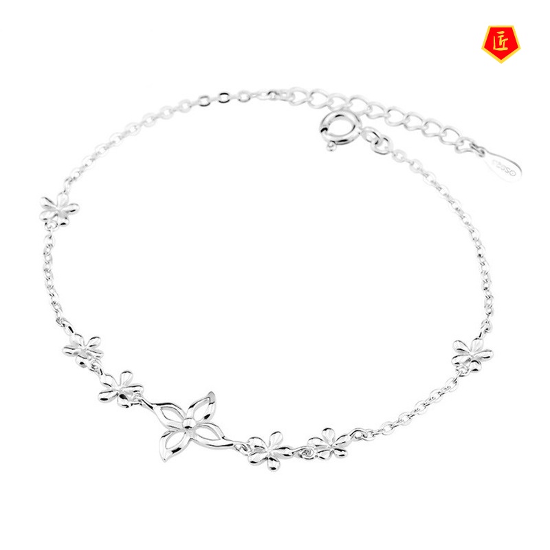[Ready Stock]Women's Fashion Elegant Lucky Four-Leaf Clover Silver Bracelet