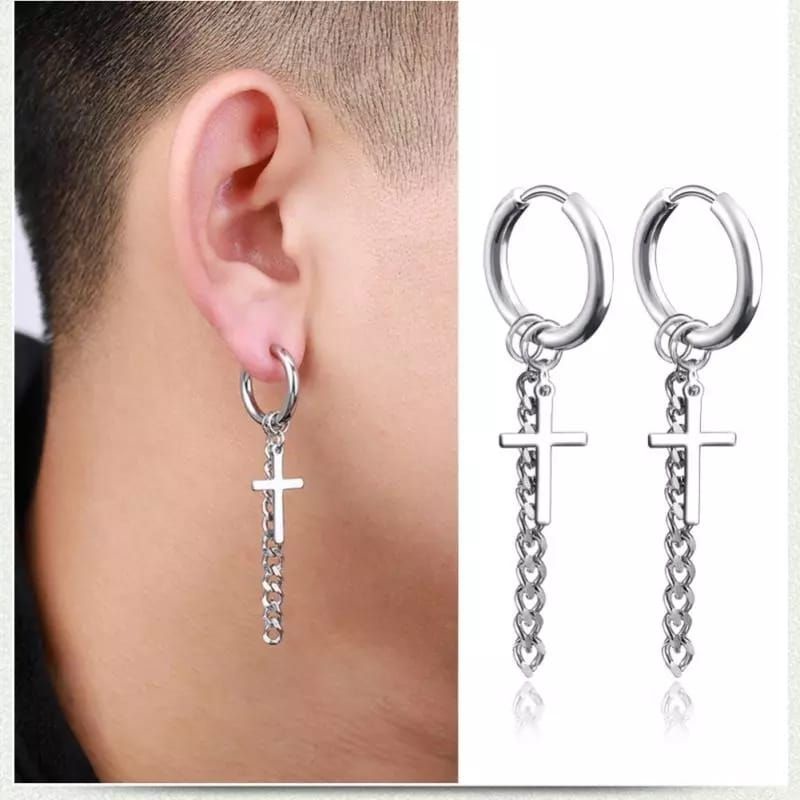 Anting Tusuk Jurai Rantai Salib Anting Metal Titanium Warna Silver