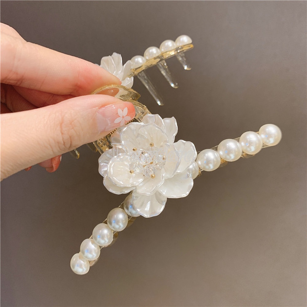 Elegant Resin Flower Pearl Hair Clip Women Hair Bun Claw Hairclip Barrette