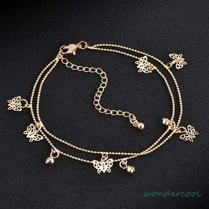 Double Layer Hollow Butterfly Liontin Gelang Kaki Paduan Fashion Sepatu Wanita Yang Indah-Won