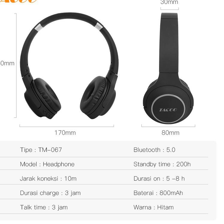 Barang terupdate TACOO Headset Bluetooth TM-067 Bass Wireless Nirkabel Hifi Stereo Bass Black Headph