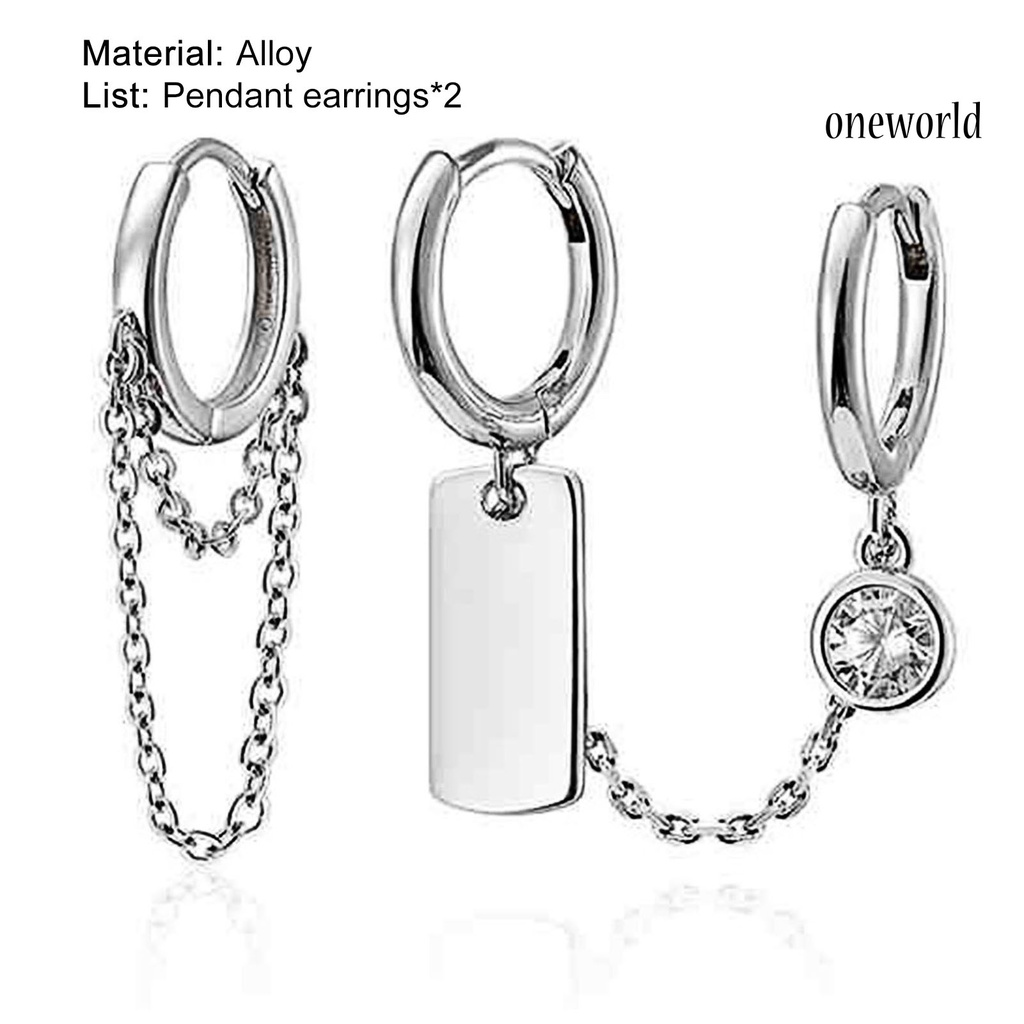 OW# 2Pcs/Set Chain Pendant Circle Alloy Piercing Asymmetric Ear Clips Hoop Earrings for Daily Life