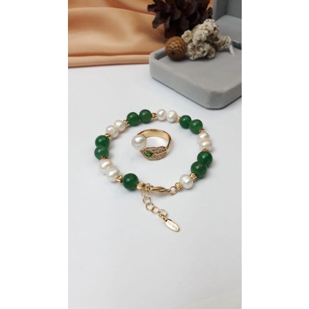 Mutiara Lombok Asli | Set cincin dan gelang mutiara air tawar kombinasi batu alam