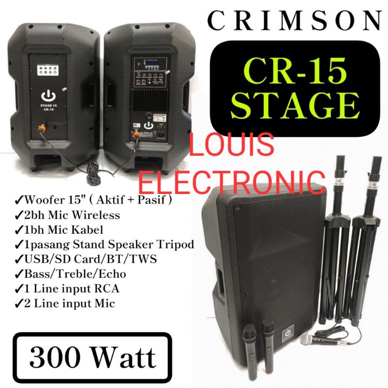 CRIMSON STAGE 15 Speaker Aktif + Pasif 15&quot; komplit Stand Speaker &amp; 2 Mic Wireless + 1 Mic Kabel