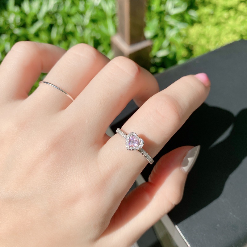 Cincin Sterling Silver 925 Desain Hati Hias Kristal Kubik Zirconia Warna Pink Untuk Wanita