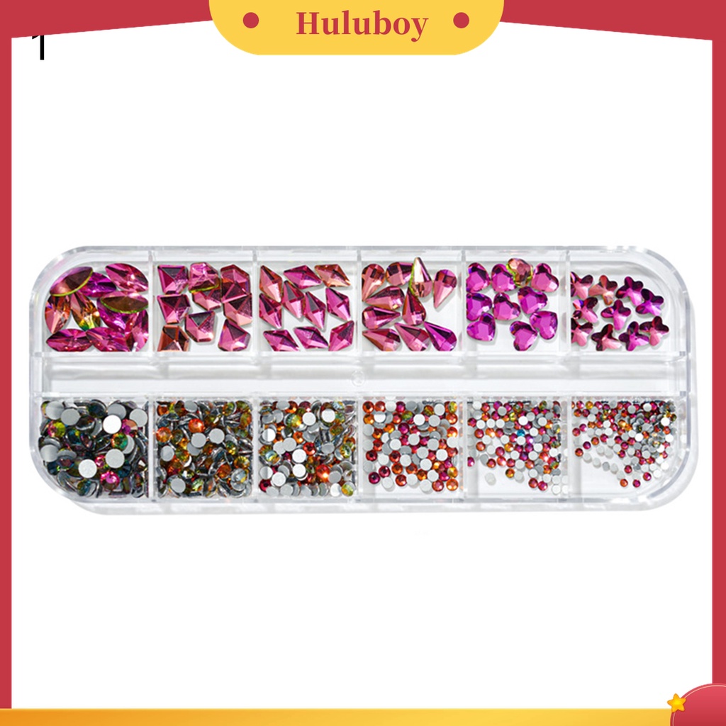 Huluboy Huluboy♡ 12 Grids / Box Berlian Imitasi Glitter Warna-Warni Untuk Dekorasi Nail Art