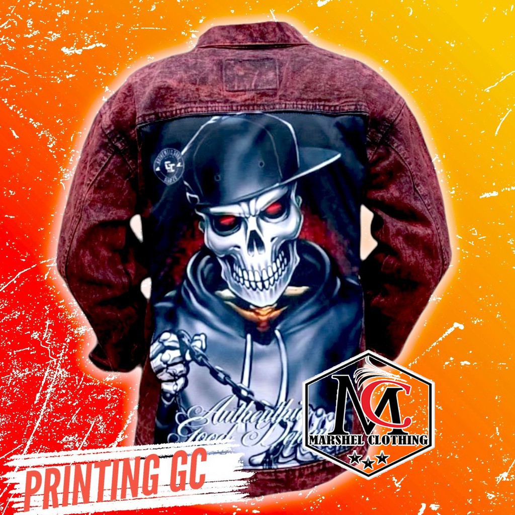 RCL - JAKET JEANS GAMBAR DENIM PRIA PRINTING GAMBAR BELAKANG BLUE MAROON NAVY HITAM