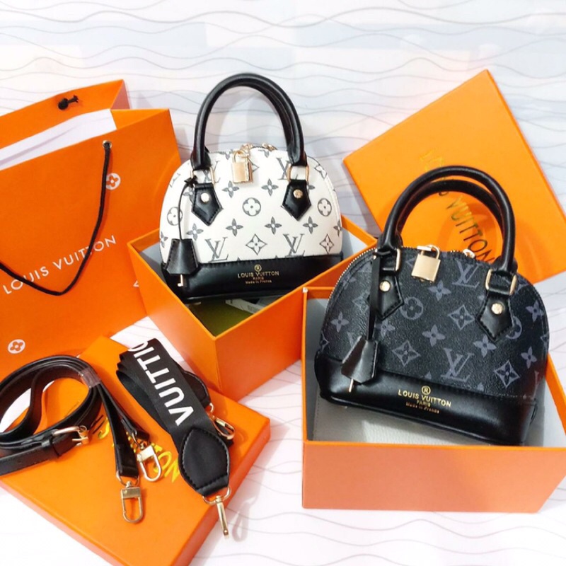 Tas Import LV Alma mini freebox & paperbag komplit slempang LV Alma 2 tali strap full