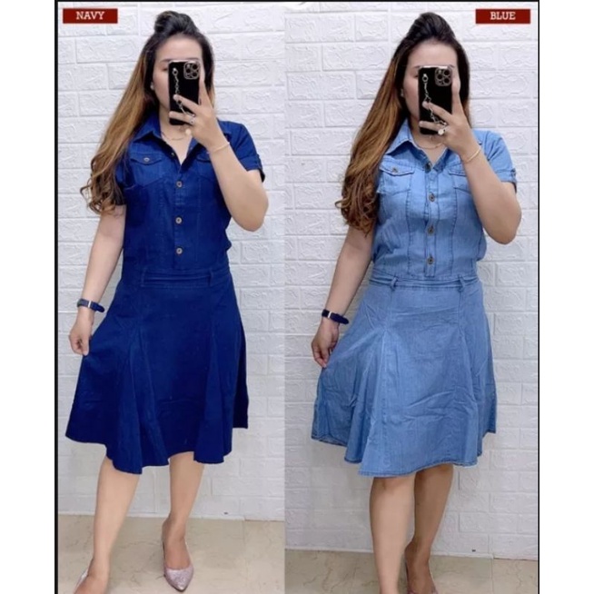 Dress jeans busui lembut kancing hidup tangan pendek