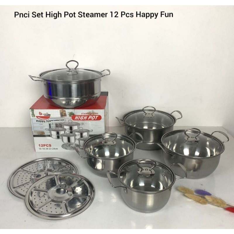 Panci Highpot Set Stainless Tutup Kaca + Steamer